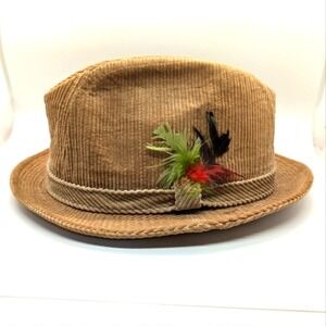 Vintage Corduroy Fedora Hat Mens Womens Large Tan Brown Feather Detail Union USA